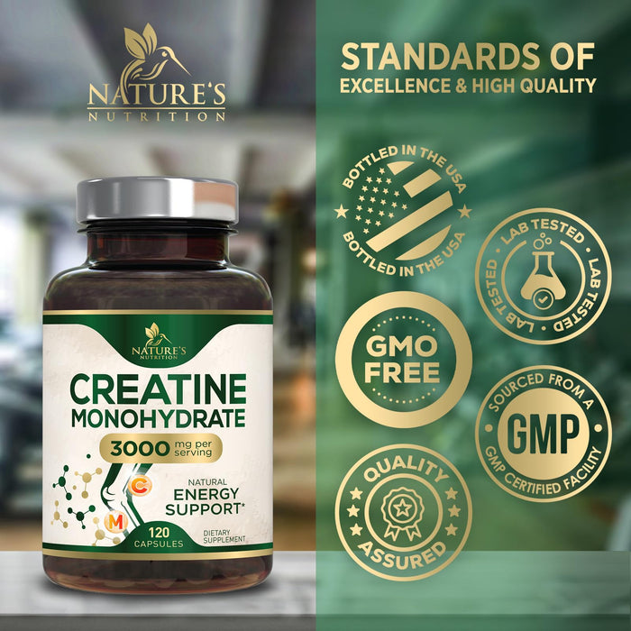 Creatine Monohydrate Capsules 3000mg – Best Micronized Creatine Powder - Supports Lean Muscle, Strength, Energy, & Endurance - Nature's Supplement, Non-GMO, Gluten Free for Women & Men - 120 Capsules