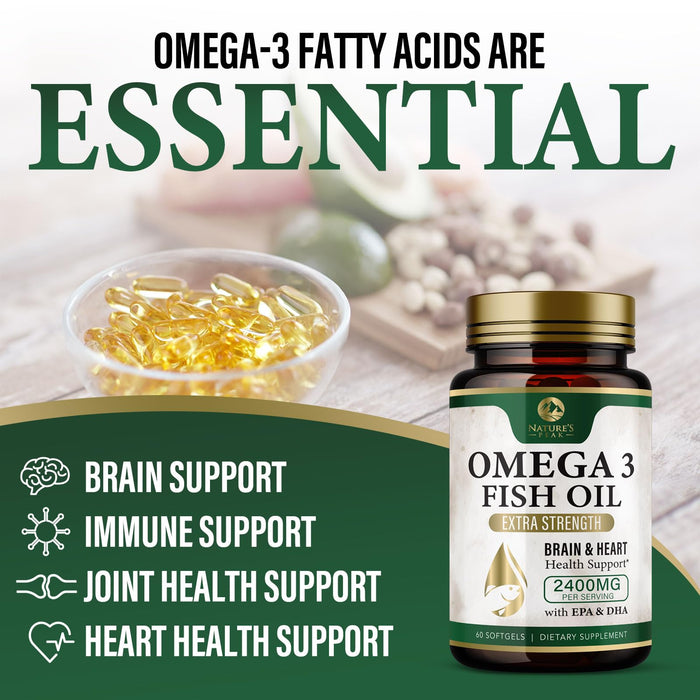 Omega 3 Fish Oil Pills 2400mg - Triple Strength Omega 3 Fish Oil Supplements - Best EPA & DHA Fatty Acids for Brain & Heart Health Support, Nature's Omega3 Supplement, 30 Day Supply - 60 Softgels
