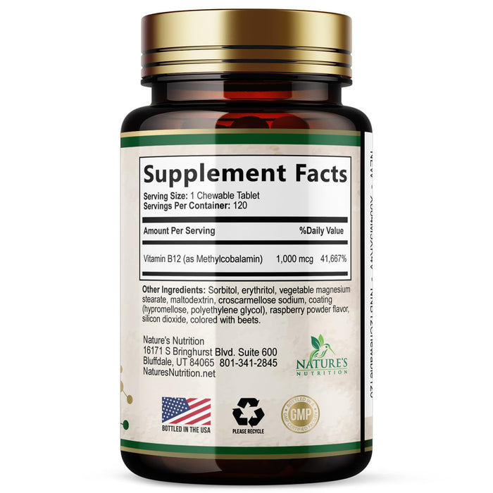 Vitamin B12 (Methylcobalamin) 1000 mcg - Chewable Tablet for Energy, Nervous System & Brain Support - Maximum Strength, Fast Dissolve, Vegan, Gluten-Free, Non-GMO for Women & Men - 120 Tablets