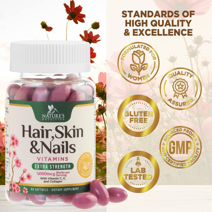 Hair Vitamins Biotin 5000 mcg Collagen for Hair Skin and Nails Vitamin Nature's – 60 Softgels