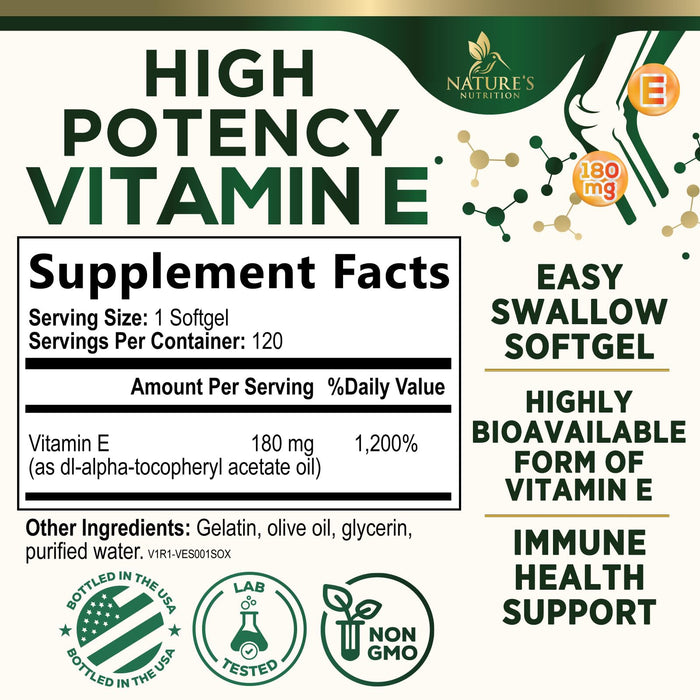 Vitamin E 400 IU Softgels (180mg DL-Alpha) for Women & Men, Supplement for Max Absorption, Nature's Antioxidant for Skin, Heart, Eye, and Immune Health Support, Dairy, Gluten & Soy Free, 120 Softgels