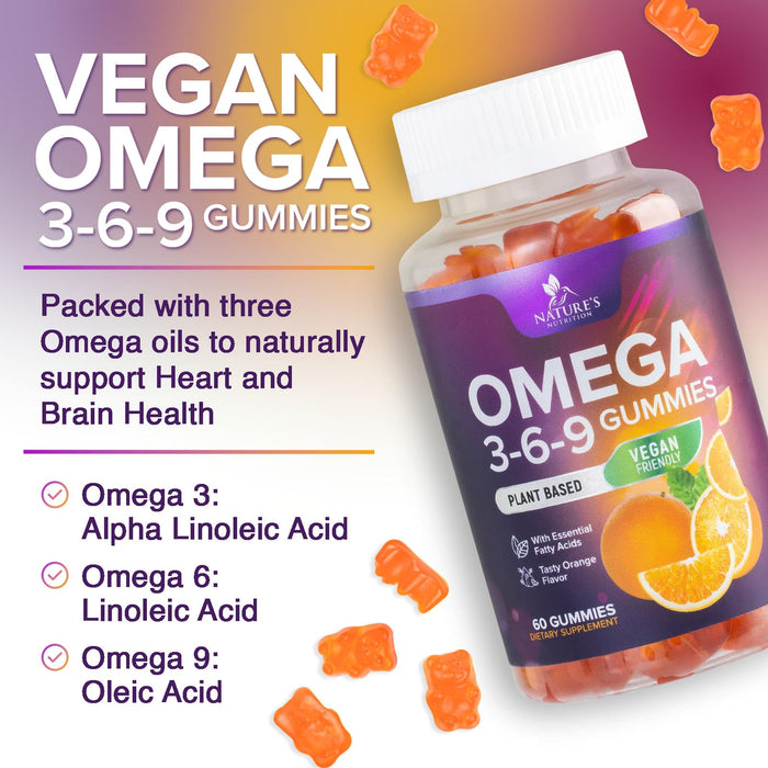 Omega 3 6 9 Vegan Gummies - Triple Strength Omega 3 Supplement Gummy - Essential Oil 369 Heart Support and Brain Support for Women, Men & Pregnant Women, Non-GMO, Orange Flavor - 120 Gummies