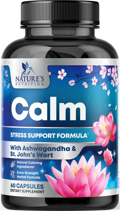 Natural Calm, Unwind & Relax Support with Ashwagandha, GABA, Magnesium, 5-HTP, L-Theanine & B Vitamins, Natural Focus, Energy & Immune Support - Nature's Non-GMO, Vegan, Gluten Free - 60 Capsules