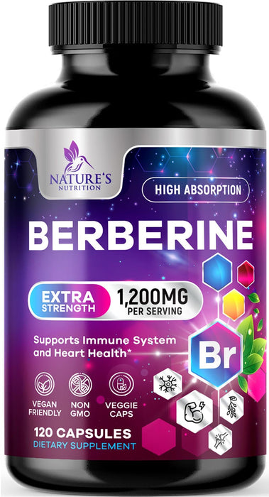 Berberine HCL 1200mg Supplement - Berberine HCI Capsules High Absorption Supplement for Heart Health & Immune Support, High Strength, Gluten-Free, Vegan, Non-GMO Pills - 120 Veggie Capsules