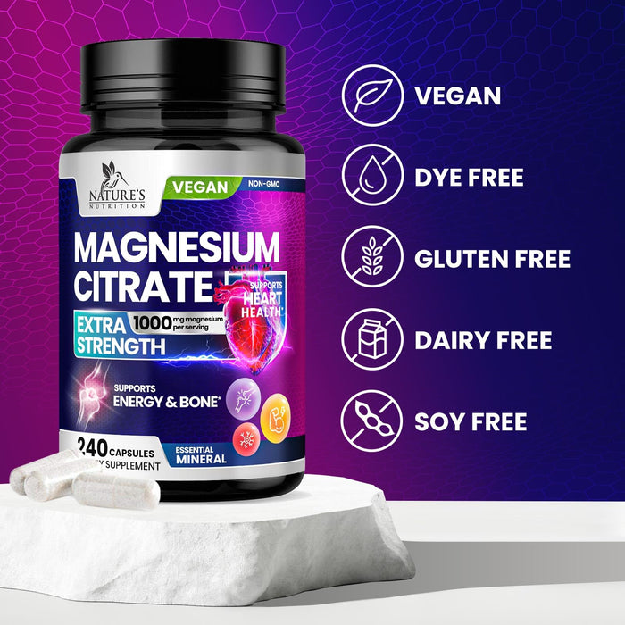 Magnesium Citrate Supplement 1000 mg for Best Absorption, Supports Bone, Heart Health, Nerves, Muscles, Metabolism & Calm, Nature's Pure Magnesio Vitamin Pills, Bottled in USA - 240 Capsules
