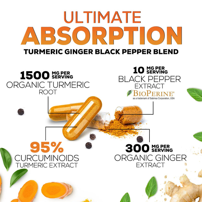 Turmeric Curcumin Supplement 1950mg - 95% Curcuminoids with Organic Turmeric & Ginger, BioPerine Black Pepper for Best Absorption, Nature's Vegan Joint Support, Non-GMO, Bottled in USA - 240 Capsules