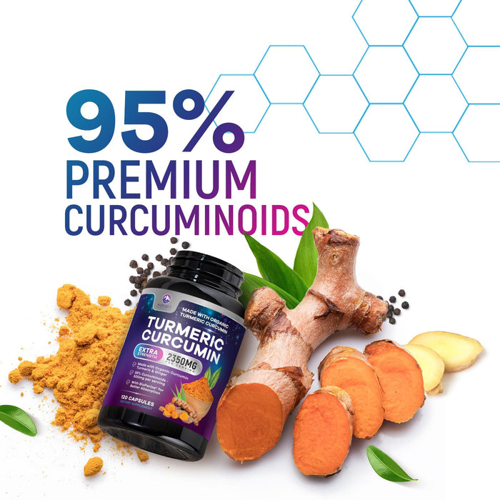 Turmeric Supplement Curcumin 2350mg - with Organic Ginger & Turmeric, BioPerine Black Pepper Extract 95% Curcuminoids - Advanced Absorption Antioxidant & Joint Immune Support - Vegan - 120 Capsules