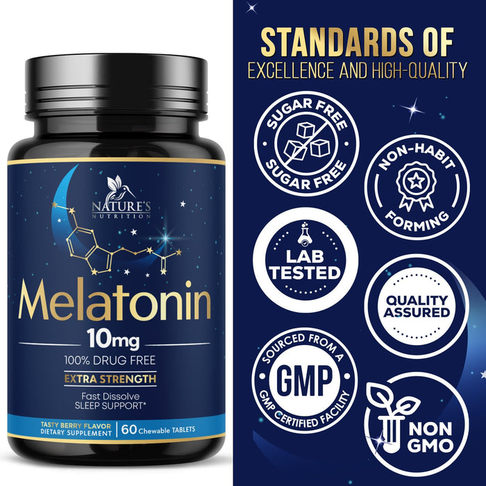 Melatonin 10 mg Fast Dissolve, Melatonin Supplements for Restful Sleep, Natural Sleep Support Supplement for Adults, Extra Strength Strawberry-Flavored Tablets, Sugar Free, 60 Tablets, 60 Day Supply