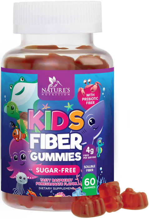 Kids Fiber Gummies – Sugar Free Prebiotic Fiber Supplement for Digestive Health, Regularity & Immune Support – 4g Plant-Based Fiber – Natural Raspberry Flavor – Vegan, Gluten-Free – 60 Gummies