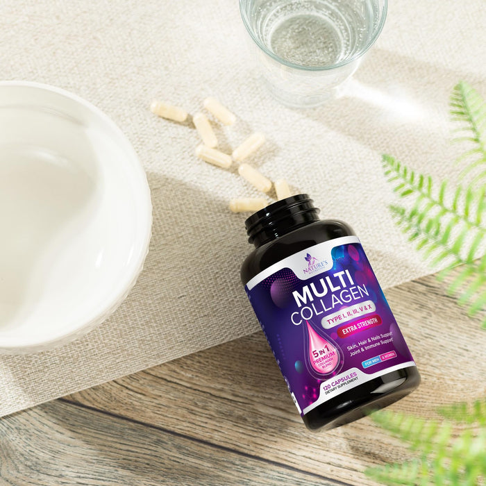Multi Collagen Peptides Supplement - Hydrolyzed Types I, II, III, V & X Multi Collagen Pills, Hydrolyzed Collagen Peptides Supplements, Hair, Skin, Nail, and Joint Support Supplement, 120 Capsules