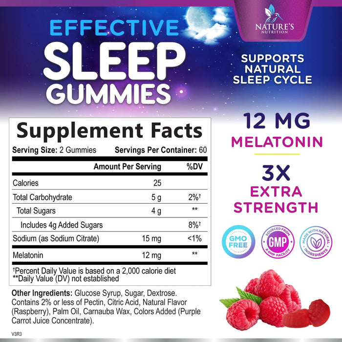 Sleep Gummies with Melatonin - Extra Strength Sleep Gummy, 12 mg Melatonin, Natural Melatonin Gummy, Occasional Sleep Support Supplement for Adults, Vegan, Non-GMO, Gomitas para Dormir - 120 Gummies
