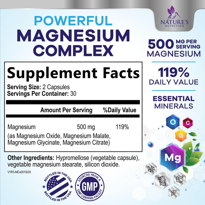 Magnesium Complex Supplement 500 mg - 5 in 1 High Absorption Chelated Magnesium Glycinate, Malate, Citrate, Oxide, Aquamin - Non-GMO Magnesio Capsules, Bone Muscle & Heart Health Support, 60 Capsules