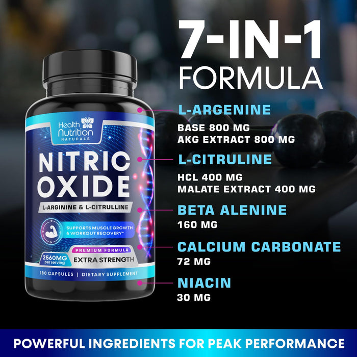 Extra Strength Nitric Oxide Supplement 3X Strength L Arginine, Citrulline Malate, AAKG, Beta Alanine - Premium Muscle Supporting Nitric Booster - Natural Energy & Heart Health Support - 180 Capsules