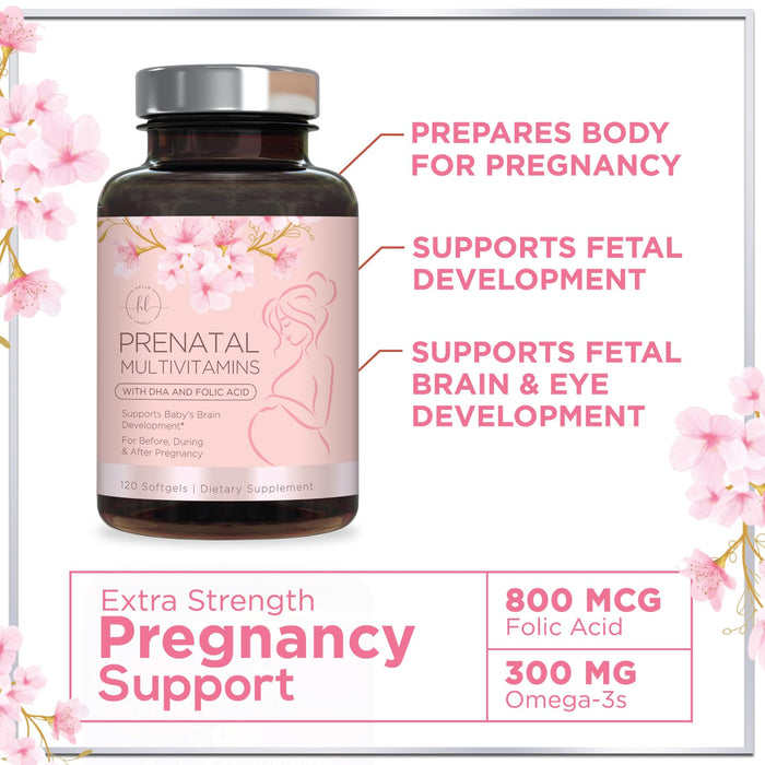 Prenatal Vitamins For Women With Folic Acid, DHA & Iron - Women's Prenatal Multivitamin, Essential Pre Natal Vitamins with Folate, Omega 3, D3, B12, Pregnancy Supplement for Mom & Baby - 120 Softgels