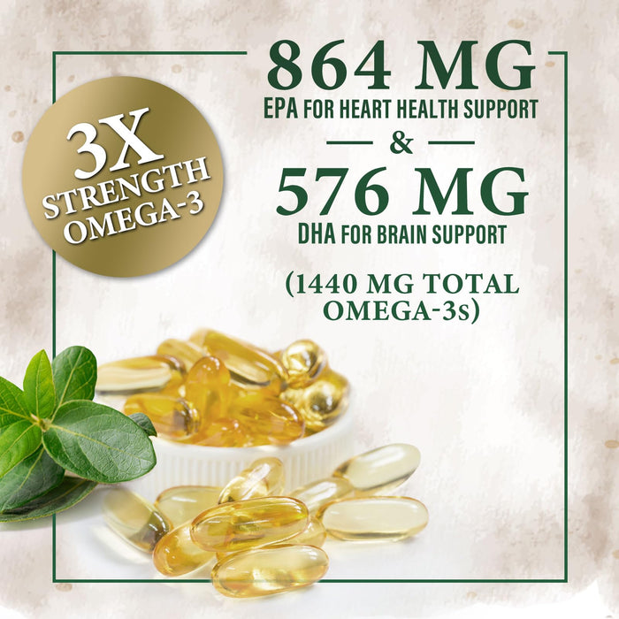 Omega 3 Fish Oil Pills 2400mg - Triple Strength Omega 3 Fish Oil Supplements - Best EPA & DHA Fatty Acids for Brain & Heart Health Support, Nature's Omega3 Supplement, 60 Day Supply - 120 Softgels