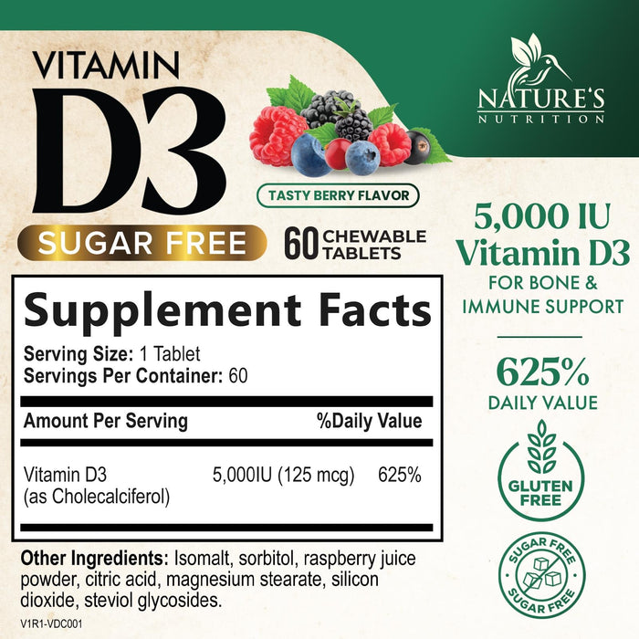 Vitamin D3 5000 IU (125 mcg) Nature's Extra Strength Vitamin D Supplement Chewable for Immune Support Health - Bone, Teeth and Muscle Supplements - Sugar Free, Non-GMO, Gluten Free - 60 Count Tablets