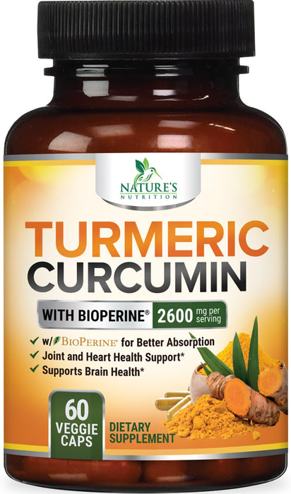 Turmeric Curcumin Supplement with BioPerine 95% Curcuminoids 2600mg with Black Pepper for Best Absorption, Bottled in USA, Best Natural Vegan Joint Support, Nature's Non-GMO Tumeric - 60 Capsules