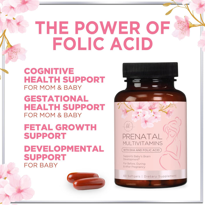 Prenatal Vitamins For Women With Folic Acid, DHA & Iron - Women's Prenatal Multivitamin, Essential Pre Natal Vitamins with Folate, Omega 3, D3, B12, Pregnancy Supplement for Mom & Baby - 60 Softgels