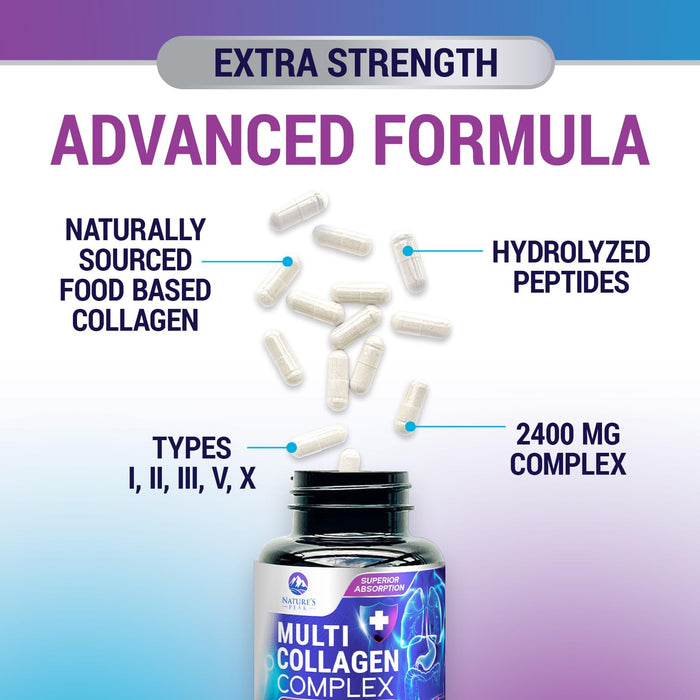 Multi Collagen Peptides Supplement for Hair, Nail, Skin - Type I, II, III, V, X, Collagen Powder Pills - Grass-Fed, Hydrolyzed for Bone and Joint Support for Women & Men, Non-GMO - 120 Capsules
