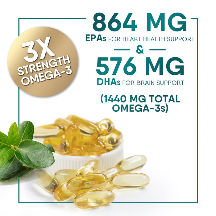 Omega 3 Fish Oil Supplement 2400 mg - Triple Strength EPA & DHA Fish Oil Omega 3, Essential Fatty Acids Supplement Softgels, Brain & Heart Health Support Supplements, Gluten Free Non-GMO, 180 Softgels