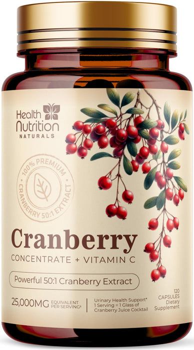 Cranberry Supplement Pills 25,000mg - High Potency Vitamin C Cranberry for Women & Men, Urinary Tract Health Support, Sugar Free, Gluten Free, Non-GMO, Cranberry Concentrate Extract - 120 Capsules