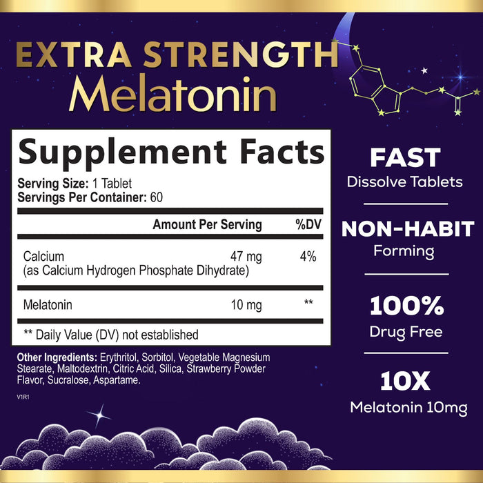 Melatonin 10mg - Sleep Support Supplements for Adults - Extra Strength Fast Dissolve 10 mg Melatonin Tablets for Restful Sleep Support, Natural Strawberry Flavor, Sugar-Free Non-GMO - 60 Day Supply