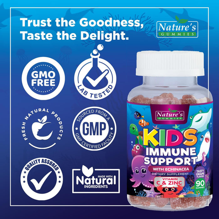 Kids Immune Support Supplement Gummies - Daily Childrens Vitamins C, Zinc & Echinacea - Gummy for Kids Immunity Support, Ages 4 and Up, Natural Berry Flavor, Non-GMO, Gluten-Free & Vegan - 90 Gummies