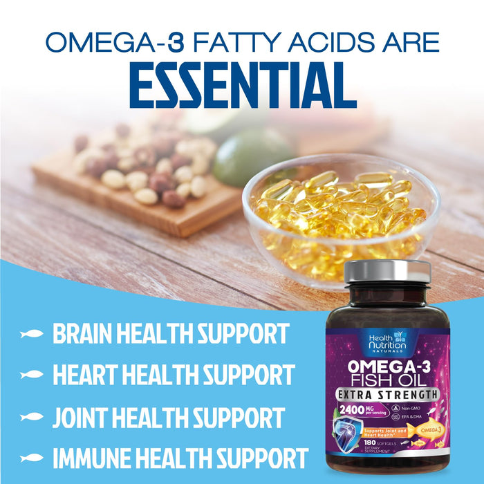Omega 3 Fish Oil 2400 mg - Triple Strength Omega3, EPA & DHA Fatty Acids Supplement - Natural Support for Immune, Heart & Brain Health - Wild Caught, Non-GMO, Lemon Flavor, Burpless - 180 Softgels