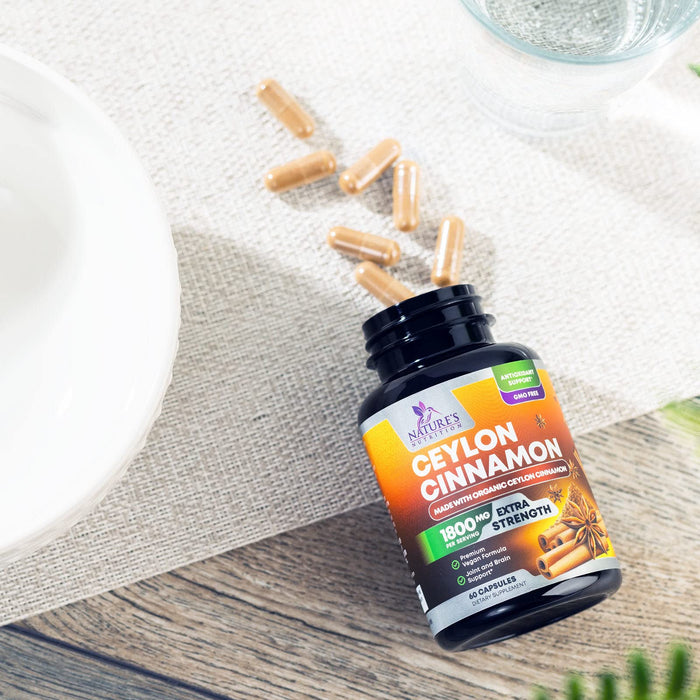 Organic Ceylon Cinnamon Supplement 1800mg - Certified Organic Ceylon Cinnamon Powder Pills - Energy & Heart Support for Women & Men, Bottled in USA, Antioxidant, Gluten Free, Non-GMO - 60 Capsules