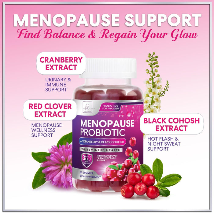 Menopause for Women Gummies with Black Cohosh Cranberry 3 Billion CFU Probiotics – 60 Gummies