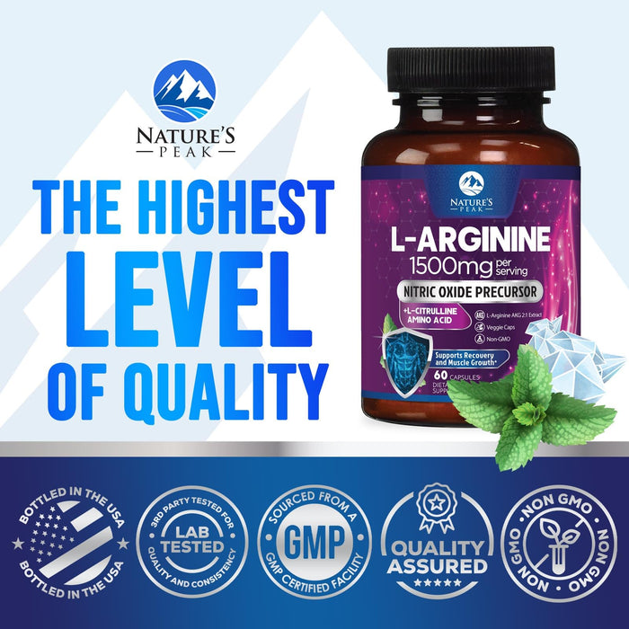 L-Arginine 1000mg Supplement - Heart Health Support - Premium Muscle Supporting Nitric Oxide Precursor Booster for Extra Strength - Gluten Free, Amino Acid Energy Blend For Men & Women - 60 Capsules