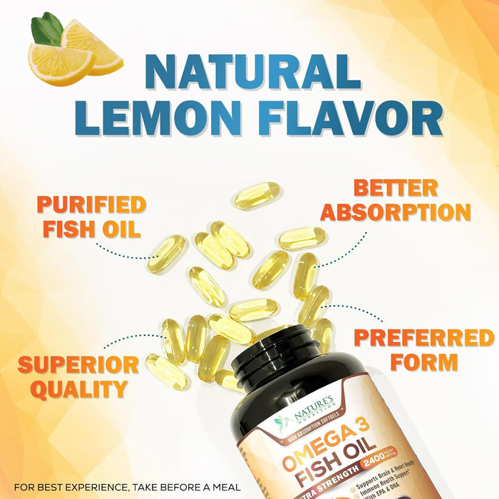 Omega 3 Fish Oil 2400 mg - Triple Strength EPA & DHA Fatty Acids for Heart, Brain & Joint Support Wild-Caught, Burpless, Lemon Flavor Supplement Natural, Non-GMO, Gluten-Free - 120 Softgels