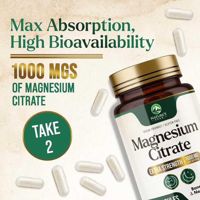 Magnesium Citrate 1000mg - High Absorption Magnesium Supplement Supports Muscle, Bone, Nerve & Heart Health - Extra Strength Magnesio Complex Pills - Non-GMO, Premium Energy Formula - 180 Capsules