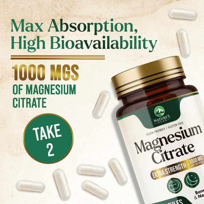 Magnesium Citrate 1000mg - High Absorption Magnesium Supplement Supports Muscle, Bone, Nerve & Heart Health - Extra Strength Magnesio Complex Pills - Non-GMO, Premium Energy Formula - 120 Capsules
