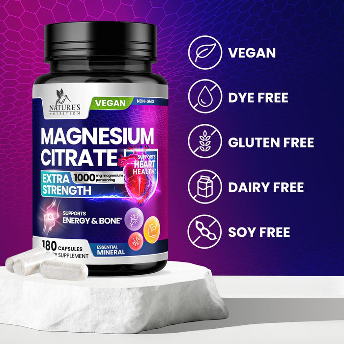 Magnesium Citrate Supplement 1000 mg for Best Absorption, Supports Bone, Heart Health, Nerves, Muscles, Metabolism & Calm, Nature's Pure Magnesio Vitamin Pills, Bottled in USA - 180 Capsules