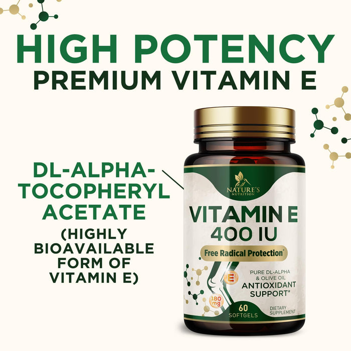 Vitamin E 400 IU Softgels (180mg DL-Alpha) for Women & Men, Supplement for Max Absorption, Nature's Antioxidant for Skin, Heart, Eye, and Immune Health Support, Dairy, Gluten & Soy Free, 60 Softgels