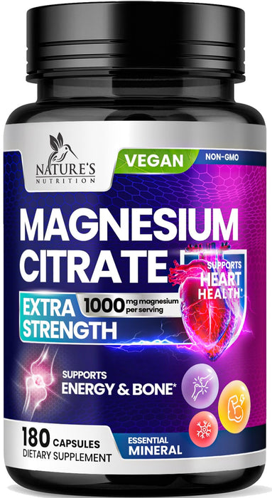 Magnesium Citrate Supplement 1000 mg for Best Absorption, Supports Bone, Heart Health, Nerves, Muscles, Metabolism & Calm, Nature's Pure Magnesio Vitamin Pills, Bottled in USA - 180 Capsules
