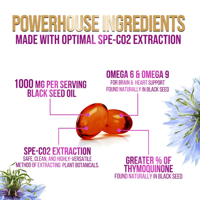 Black Seed Oil 1000mg - Premium Extra Strength Nigella Sativa Blackseed Oil - Black Seed Oil Skin, Digestive Health & Immune Support - Non-GMO Antioxidant, Gluten Free Supplement - 120 Softgels