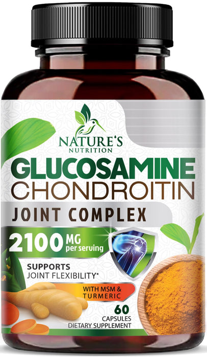 Glucosamine Chondroitin MSM 2100mg Complex - Joint Support Supplement for Joint Mobility & Comfort For Men and Women with Turmeric & Boswellia, Triple Strength Glucosamine Supplements - 60 Capsules