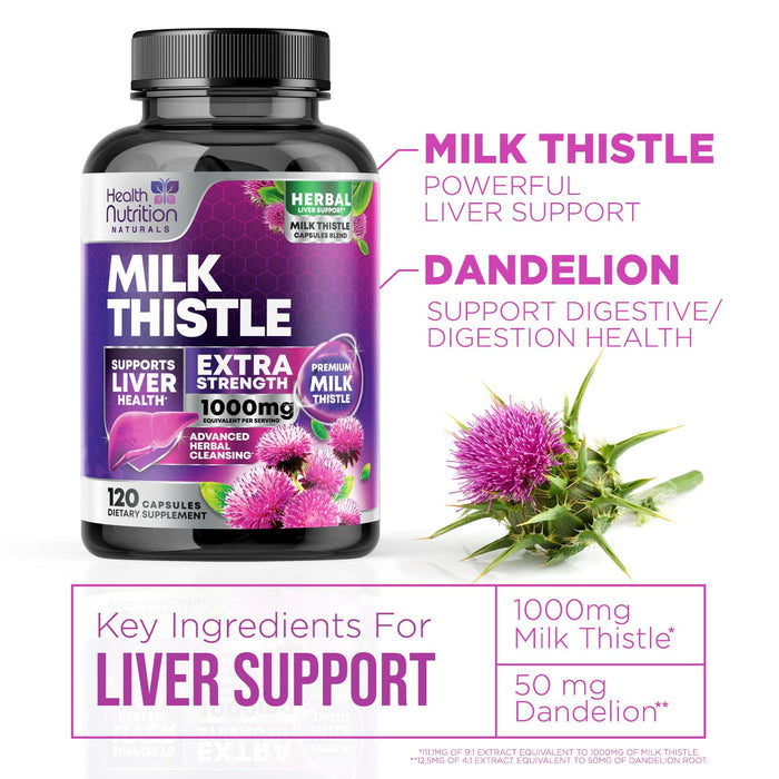 Milk Thistle Supplement - Liver Cleanse Detox & Repair Formula 1000mg with Dandelion - Nature's Herbal Milk Thistle Extract Supplements w/Silymarin Marianum, Supports Liver Health - 120 Capsules