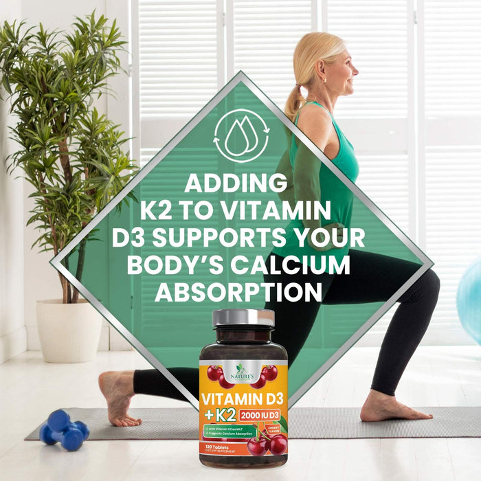 Vitamin D3 K2 2000 IU Plus with K2 (MK-7) 75 mcg - Vitamins D & K Complex Supplement for Bone, Teeth, Muscle, Calcium Absorption, Supports Immune & Heart Health, Non-GMO Chewable Formula - 120 Tablets