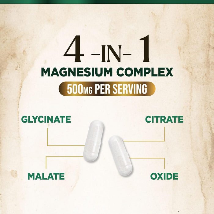 Magnesium Complex 500mg Supplement - Best Blend of Glycinate, Citrate, Malate & Oxide, Supports Sleep, Muscle, Bone & Heart Health, High Absorption, Chelated Magnesium Mineral Supplement, 60 Capsules