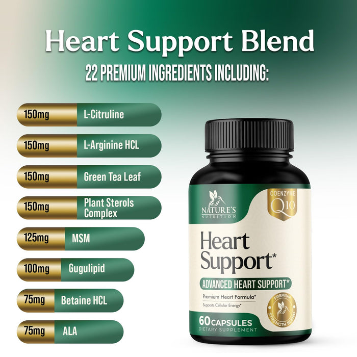 Heart Supplements for Men & Women 1650mg - Antioxidants for Heart Health Support with CoQ10, Hawthorn, Plant Sterol & More Vitamins to Support Nitric Oxide & Energy Production, Non-GMO - 60 Capsules