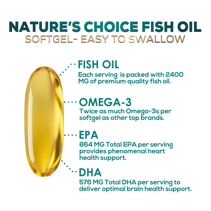 Omega 3 Fish Oil Supplement 2400 mg - Triple Strength EPA & DHA Fish Oil Omega 3, Essential Fatty Acids Supplement Softgels, Brain & Heart Health Support Supplements, Gluten Free Non-GMO, 120 Softgels