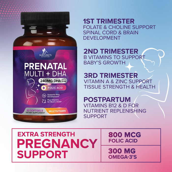 Prenatal Vitamins with Folic Acid & DHA, Fetal Brain Development Support with Folate & Omega 3's, Prenatal Multivitamin for Women, Vitamin A, C, D, B6, B12 & Iron, Pregnancy Supplement - 60 Softgels