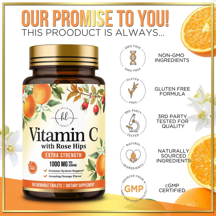 Vitamin C Supplement 1000mg - Extra Strength with Rose Hips Bioflavonoids - Sugar Free Vitamin C Chewable Pills, Nature's Vit C for Immune Support & Antioxidant Protection - 60 Chewable Tablets