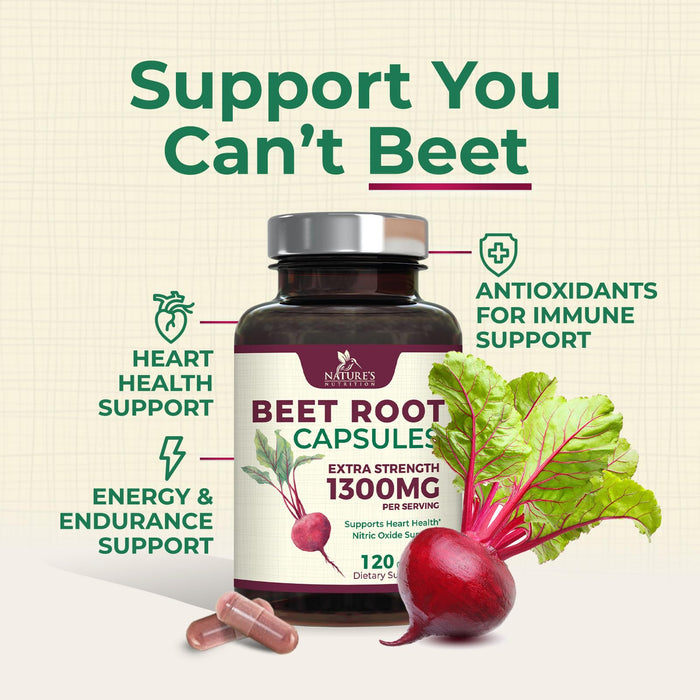 Beet Root Capsules 1300mg - Extra Strength Red Beetroot Powder Supplement – Supports Nitric Oxide Production, Heart Health & Natural Energy – Non-GMO, Vegan, Gluten Free – 120 Veggie Capsules