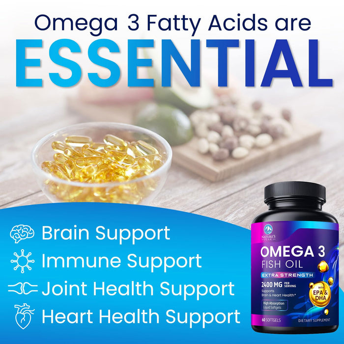 Omega 3 Fish Oil 2400 mg Supplement, Sustainably Sourced, Triple Strength Omega-3 Supplement Softgels, Brain Health Support, EPA & DHA Fish Oil Fatty Acids Supplements, Gluten & GMO Free, 60 Softgels