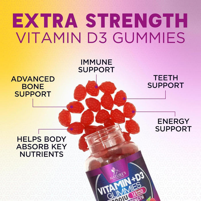 Vitamin D3 Supplement Gummy 5000 IU (125 mcg) Dietary Vitamins D for Men & Women - Bone, Teeth, Muscle and Immune Health Support, High Potency VIT D3 Nature's Non-GMO & Gluten Free - 60 Gummies
