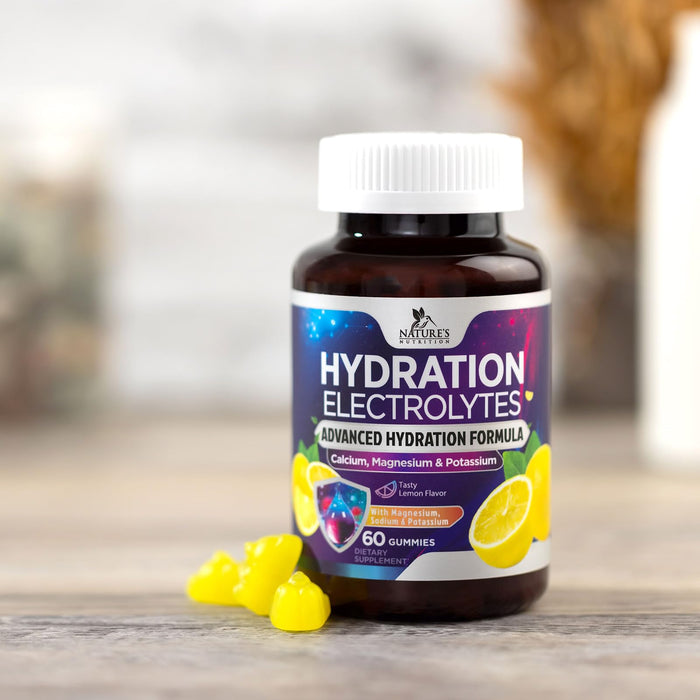 Hydration Electrolyte Gummies - Daily Liquid Replenisher Gummy - Electrolyte Multiplier with Minerals, Potassium & Real Salt - Vegan, Non-GMO - Tasty Lemon Flavor Hydration Electrolytes - 60 Gummies